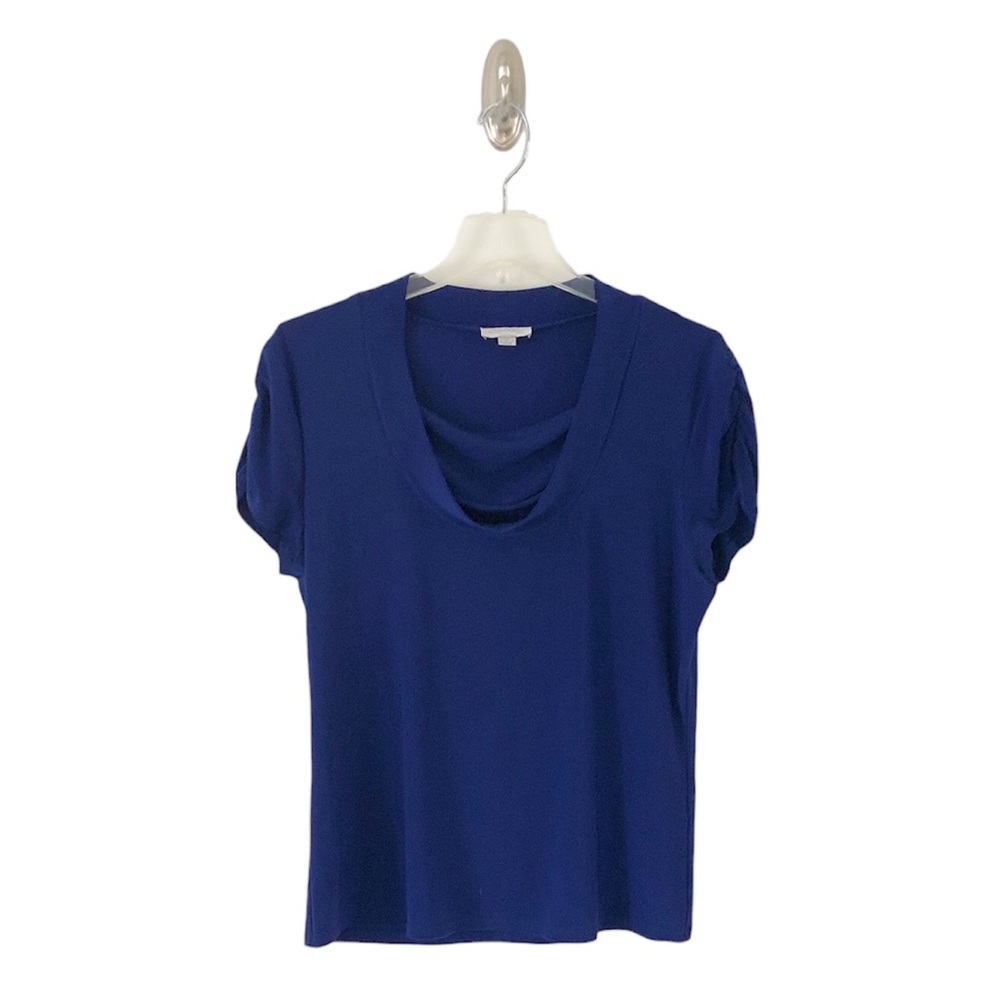 Tahari ASL Cobalt Blue Slipover Cowl Neck Ruched Short Sleeve Blouse Top Size L